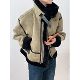 Women's Fuzzy Fur Lined Zipper Motorcycle Suede Jacket Striped Trim Autumn Winter 2022 Solid Vintage Short Loose Padded