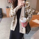 Autumn Winter Knitted Leopard Sweaters Women Korean V Neck Thick Print Cardigan Coat Loose Button Outwear