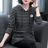 Women's Autumn Winter New Long Sleeve Sweatshirts Hooded Round Neck Pullovers Casual Medium Length Fashion Loose Striped Tops-Outfit