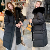 2025 Winter New Down Cotton Clothes Women Long Over The Knee Big Hair Collar Draw Rope To Collect Waist Hot Style Cotton Coat Tide-Outfit