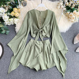 New Summer 2 Piece Outfits For Women Flare Sleeve Crop Top + Broad-legged Shorts Fashion Ladies Sexy Solid Chiffon Suit