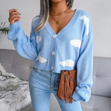 Korean Sweaters Women Cloud Harajuku Fashion V-neck Sweater Short Long Sleeve Crop Top Cardigan Knitted Ropa Mujer