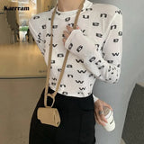 Harajuku Letter Print Long Sleeve T Shirt Women Korean Style Fashion Sexy Slim Tee Shirt Ladies Skinny Black Tops