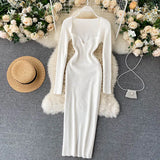 For Women 2022 Sexy Strapless Ribbed Knitted Bodycon Dress Women Winter Long Sleeve Midi Sweater Dress