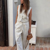 Toloer Selling 2024 New Striped Vest Pants Suit Summer Women's Casual Wear Temperament Commuting Two Sets-Outfit