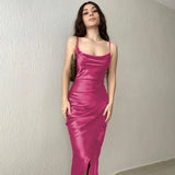 Silk Dresses Fashion 2022 Satin Sexy Dress Women Summer Sleeveless Bodycon Solid High Waist Midi Green Dress Robes