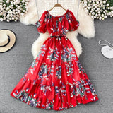 Summer Women Floral Chiffon Dress Vacation Beach Vestidos Female Elegant Slash Neck High Waist A-Line Midi Robe Bohemian