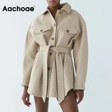 Aachoae Women Chic Wool Coats With Belt 2021 Solid Long Sleeve Pockets Shirt Jackets Outerwear Turn Down Collar Elegant