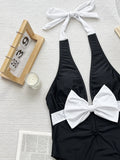 Toloer Bikini Bikini Black And White Contrast Color Bow Tie Band One-Piece Swimsuit D798RY-Outfit