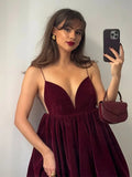 Velvet V-Neck Backless Strap Mini Dress-Outfit