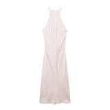 New Folded Beads Hanging Neck Long Dress