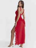 Red Ruffle Split Maxi Dress-Outfit
