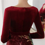 Winter Elegant Velvet With Sequins Deep V Neck Long Sleeve Slit Cocktail Eevening