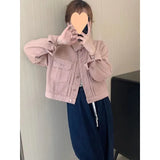 Toloer 2024 Korean Version Of Small Pink Denim Jacket Female Short Retro Casual Versatile Loose And Slim Jacket-Outfit