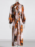 Loose Elegant Dresses For Women Bow Collar Long Sleeve High Waist Folds Print Hit Color Temperament Dress Female