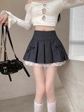 Pleated Skirts Women Sexy Bowknot High Waist Lace Patchwork Spring Fashion Culottes Sweet Firl Mini Skirt Casual-Outfit