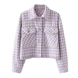 Aachoae Women Vintage Houndstooth Printed Cropped Coats Turn Down Collar Long Sleeve Jacket Coats Female Chic Casual
