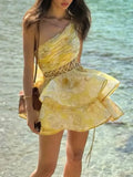 Temperament Sweet Wind Dress Women's New Summer 2025 Summer New Fashion Slanted Shoulder Hollow Waist Design Print