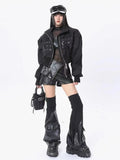 Black Thread Leather Socks for Women Splice 3D Pocket Leg Covers Spicy Girls Over Knee Boot Cuffs Harajuku Leg Warmers-Outfit