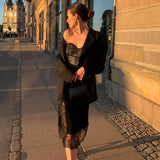 Sexy Little Sling Lace Spliced Split Dress Female Heart Pure Desire Wave Lead Fairy Skirt-Outfit