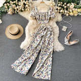 Women Autumn French Boho Floral Suits Square Collar Puff Sleeve Short Tops+High Waist Wide Leg Pants Two Pieces
