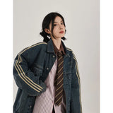Spring Korean Casual Style Baggy Blue Stripes Denim Jacket Women's Fashion Streetwear Style Oversized Y2K Loose Jean Coat-Outfit