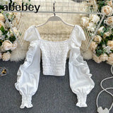 New Spring Autumn Fashion All-match Ruffle Blouse Hollow Out off shoulder long sleeve ruched slim Shirt