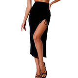 Women Casual Sexy High Split Skirt Summer 2023, Solid Color High Elastic Waist Long Skirt Club Wear-Outfit