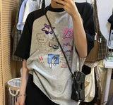 Cartoon Print Raglan Short Sleeve Tee-Outfit