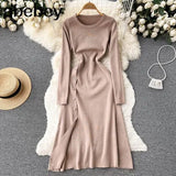 Knit Split Dresses for Women's Spring High Waist Buttons Slim Dresses Autumn Ladies Casual Mid-Calf