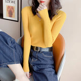 Autumn And Winter New Style Kengtiao Thin Knitted Blouse Woman V-Collar Slim Solid Color Cover Bottom Sweater-Outfit