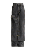 Toloer 2024 New Street Trend Removable Dark Buckle Design Sense Irregular Jeans High Waist Show Slim Trousers-Outfit