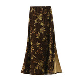 Temperament Print Velvet Skirt Autumn National Style Retro Flower High Waist Thin A Word Long Dress