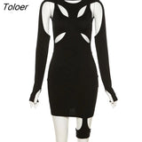 Cyber dress Gothic Grunge Women Mini Dresses Punk Y2k Bodycon Long Sleeve Summer Dress Black Sexy Hollow Out
