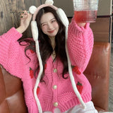Strawberry Sweater Soft Waxy Cardigan Coat Autumn And Winter 2024 Loose Female V-Collar Coarse Wool Knitting Trend-Outfit