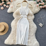 Women 2022 White Pencil Dress Tank Sleeve V Neck Bodycon Sexy Vestidos Kpop Vintage Elastic Knitted Female Summer Midi