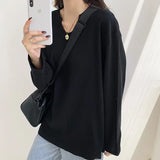 Concave Collar Long-Sleeved T-Shirt Female Spring And Autumn 2023 The New Korean Version Of Loose V-Neck Cotton Bottomed Shirt-Outfit