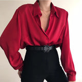 Women Button Blouses Turn Down Collar Shirts Office Lady Long Sleeve Casual Blouse Loose OL Shirt Baggy Tops Red/Wine Red /Black-Outfit