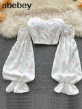 Women Boho Floral Blouse French Lace Square Collar Puff Sleeve Slim Ruffles Tops Autumn Korean Elastic Ruched