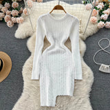 Irregular Solid Knitted Short Dress O Neck Long Sleeve Fashion Bodycon Dress Women Winter Streetwear OL Warm