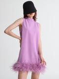 Toloer Design Sense Solid Color A-Line Skirt 2024 Spring Round Collar Sleeveless Hem Ostrich Hair Decoration Loose Dress-Outfit