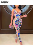 Mesh Graffiti Print Bodycon Long Jumpsuit for Women Halter Neck Backless Transparent Romper Hip Hop Party Clubwear