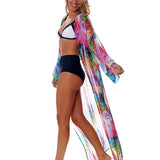 Toloer Women's New Bikini Swimsuit Sun Protection Shirt Color Feather Print Chiffon Holiday Long