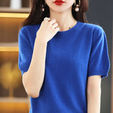 Toloer Spring Knit Sweater Women's T-Shirt Sweater Women's Short Sleeve V Collar Women Bottom Sweater Woolen Sweater Batch Hair-Outfit