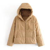 Aachoae Women Thick Warm PU Faux Leather Padded Coat 2021 Winter Zipper Hooded Jacket Parka Long Sleeve Pockets Outerwear