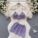 Toloer Vacation Wind Hollow Out Hook Flower Knit Suit Female Sweet Hanging Neck Condole Belt Vest High Waist Miniskirt Two