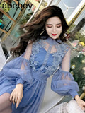 Stand-Neck Long Sleeve Party Dresses Women Solid Sweet Mesh Streetwear Mid-Calf Female Eleglant Summer Lace Dress