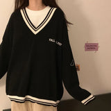 Sweaters Women Ulzzang Letter Chic Vintage V-neck Daily Oversize Girls Pullovers Student Fall Casual All-match Ins Women