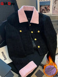 Tweed Turn Down Collar Short Jackets Elegant Thick Single Breasted Cropped Coat Patchwork Sleeve Design Korean Slim