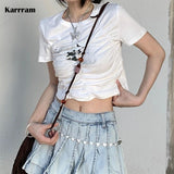 Korean Fashion Irregular Crop Top Grunge Fairycore Print T-shirts Japanese Kawaii Chic Designer Clothes E-girls Y2k